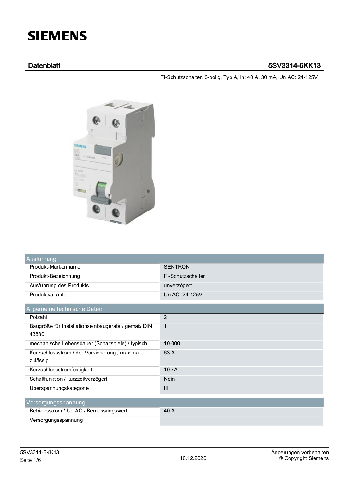 Siemens 5SV3314-6KK13 Datenblatt