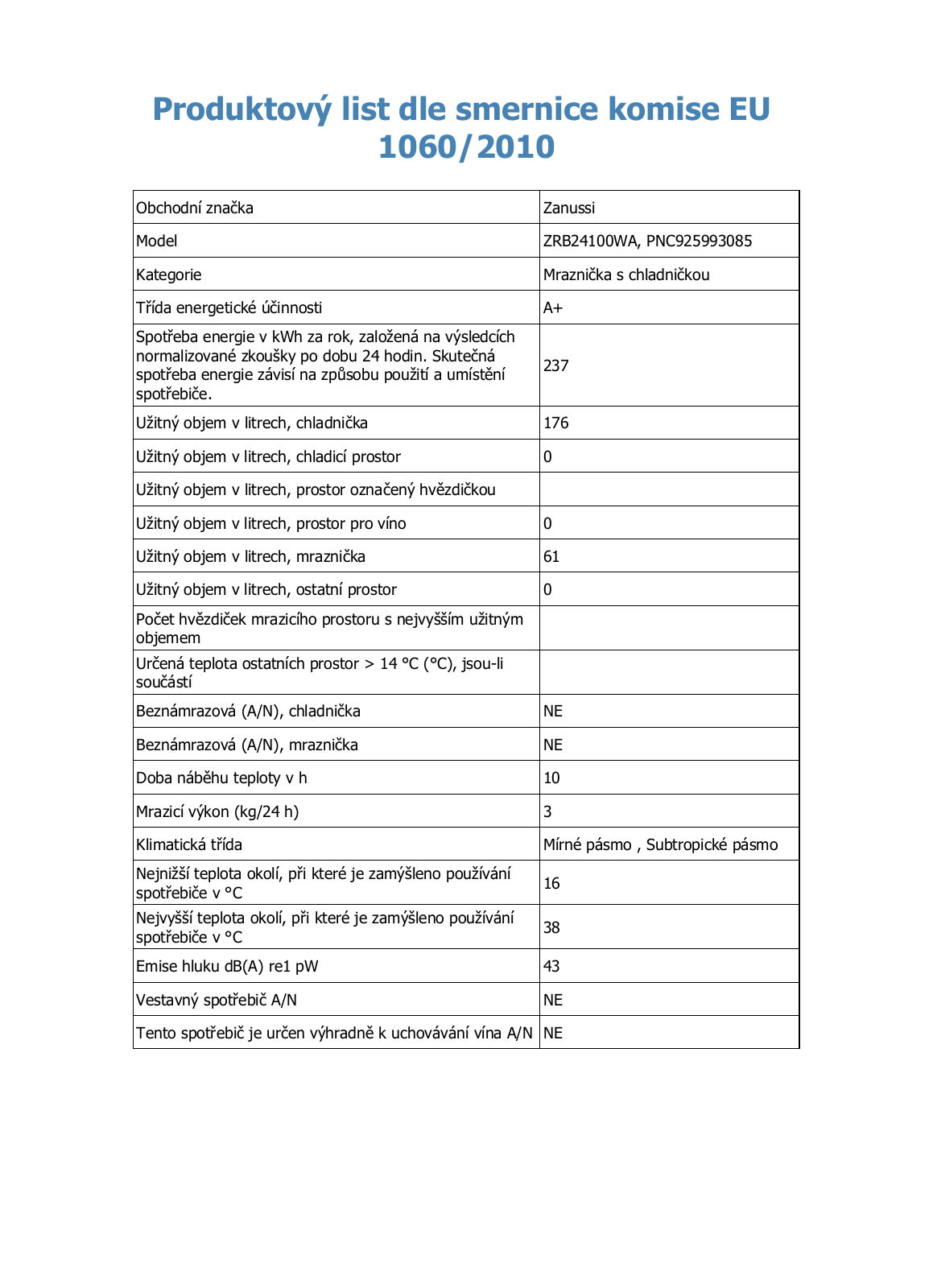 Zanussi ZRB24100WA User Manual