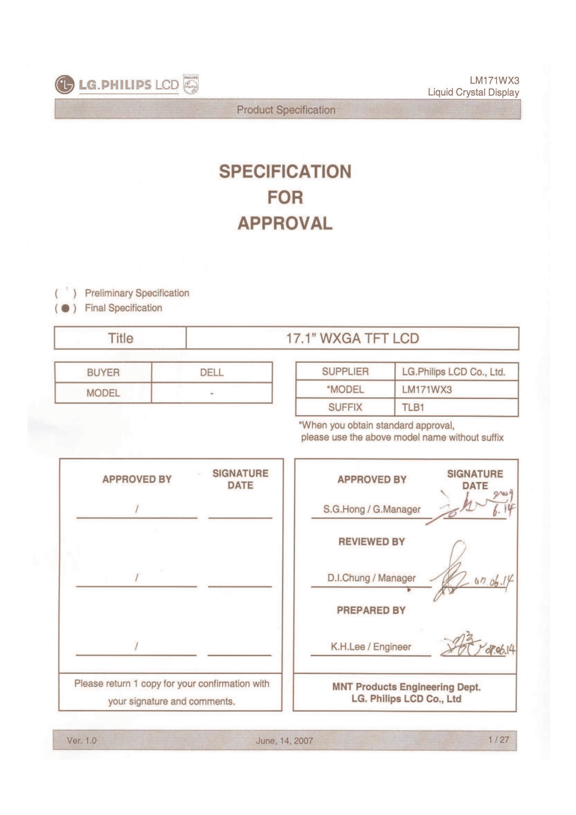 LG.Philips LCD LM171WX3-TLB1 Specification