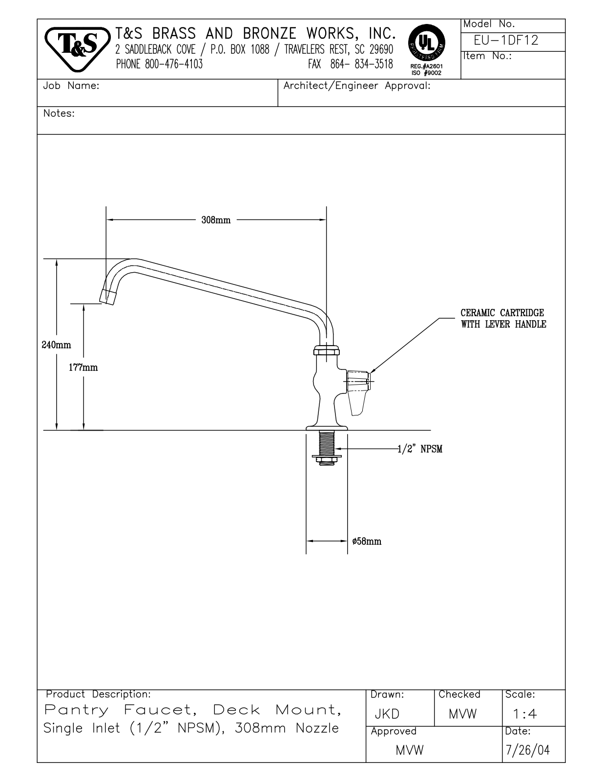 T&S Brass EU-1DF12 User Manual