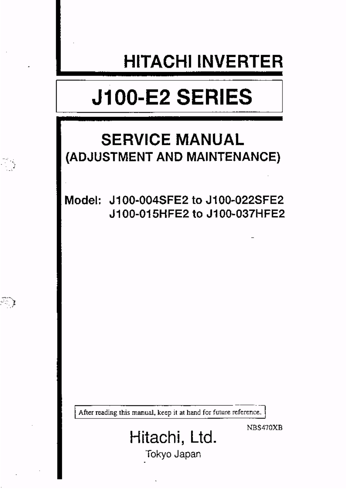 HITACHI J100-004SFE2, J100-022SFE2, J100-015HFE2, J100-037HFE2 User Manual