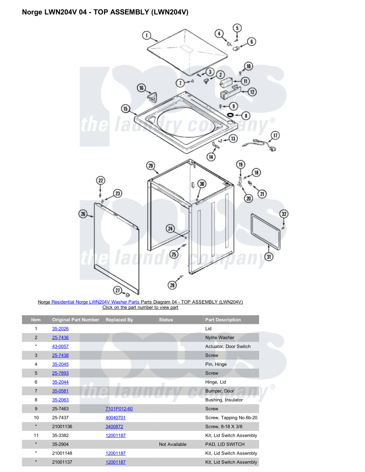 Norge LWN204V Parts Diagram