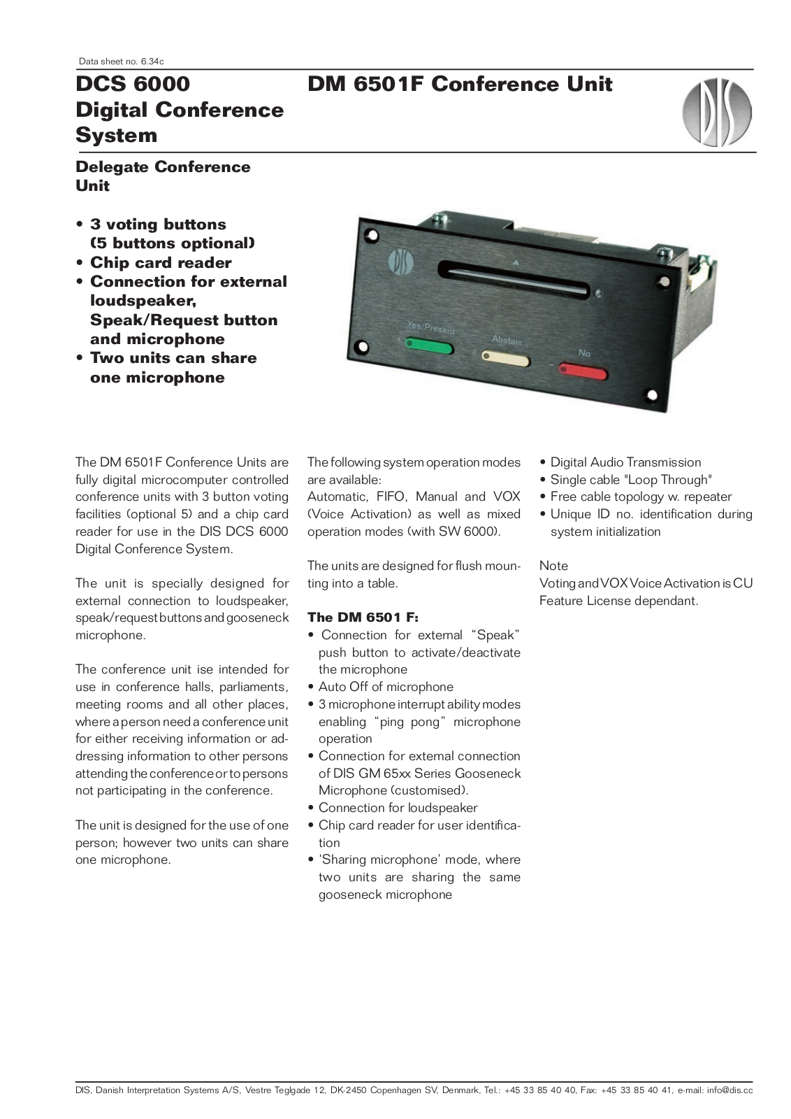 Shure DM 6501 F Specification Sheet