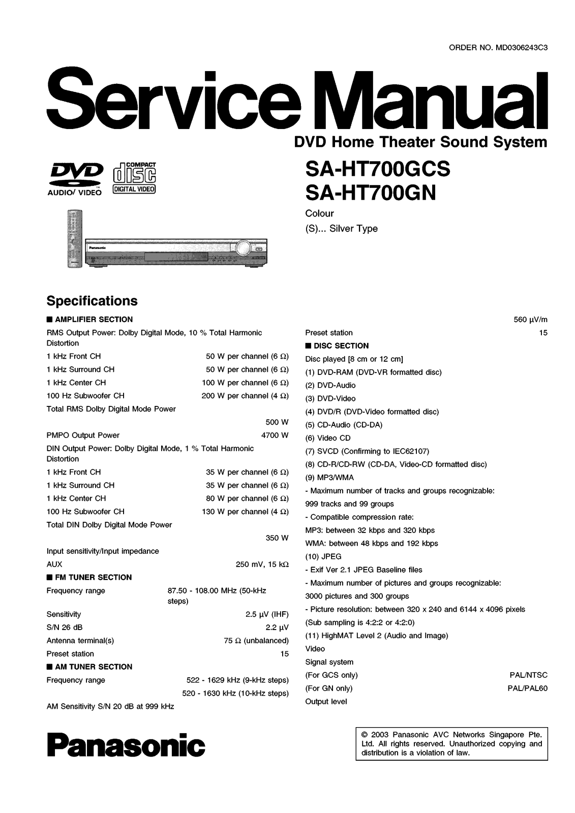 Panasonic SAHT-700-GCS, SAHT-700-GN Service manual