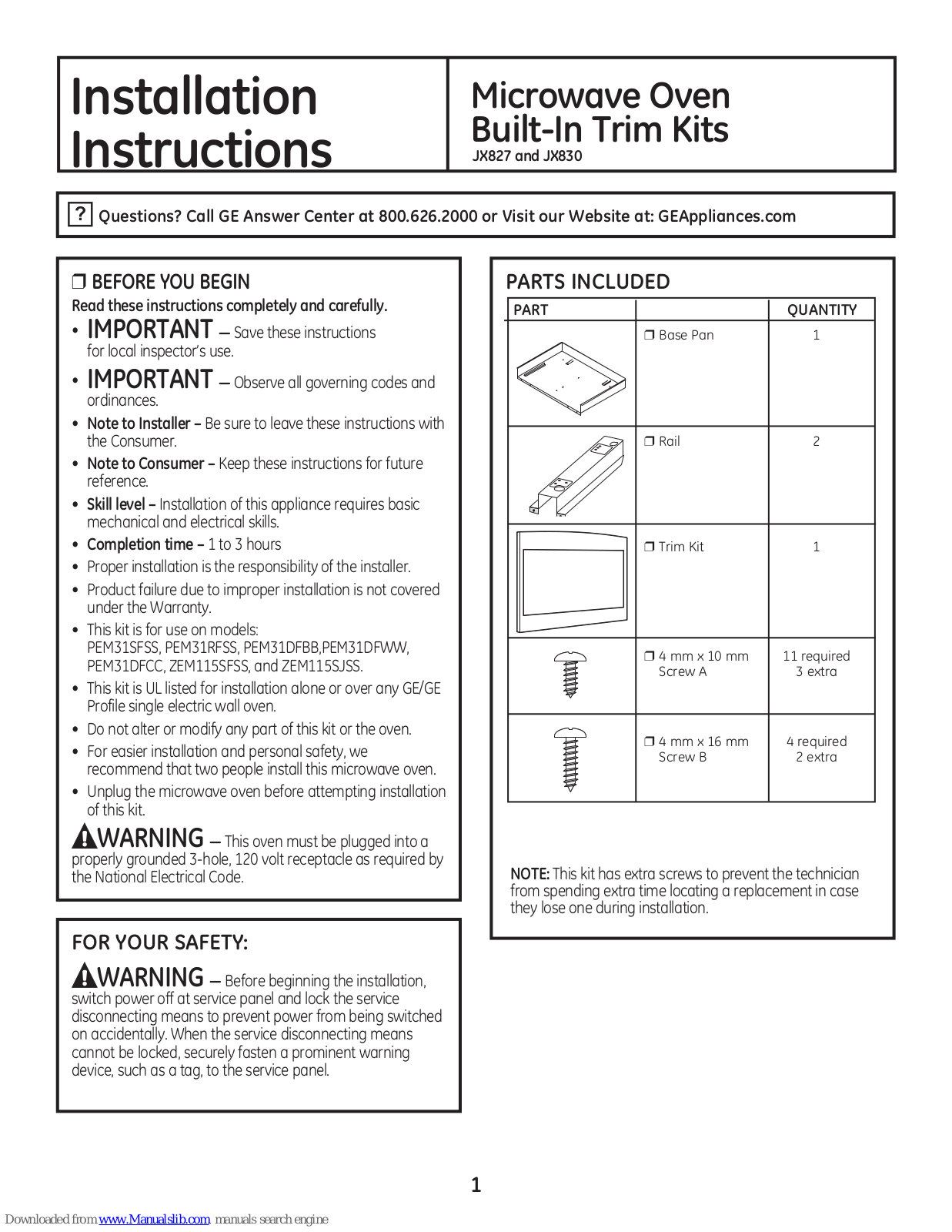 GE JX827, JX830 Installation Instructions Manual