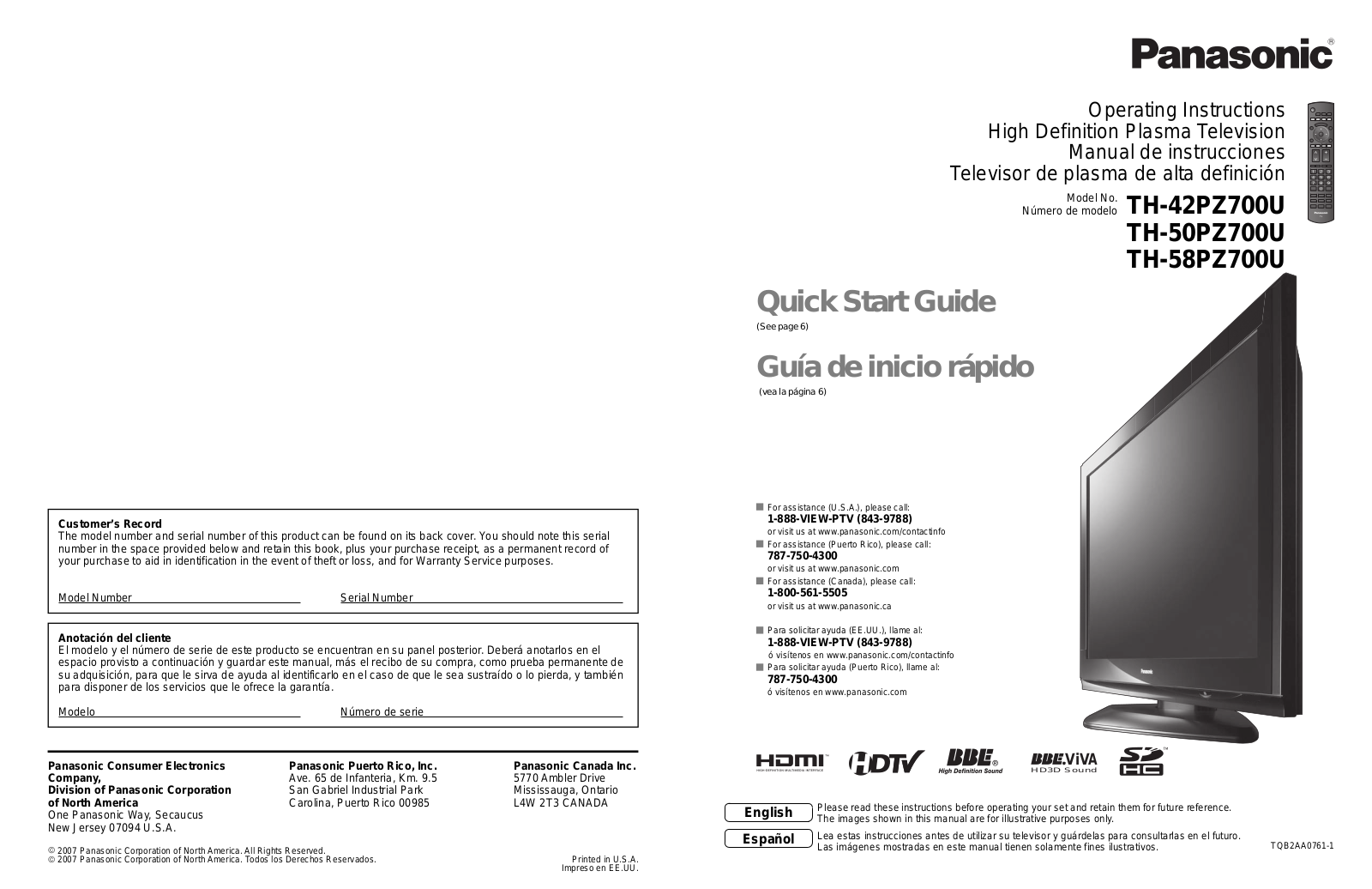 Panasonic TH 58PZ700U, TH 50PZ700U, TH-42PZ700U User Manual