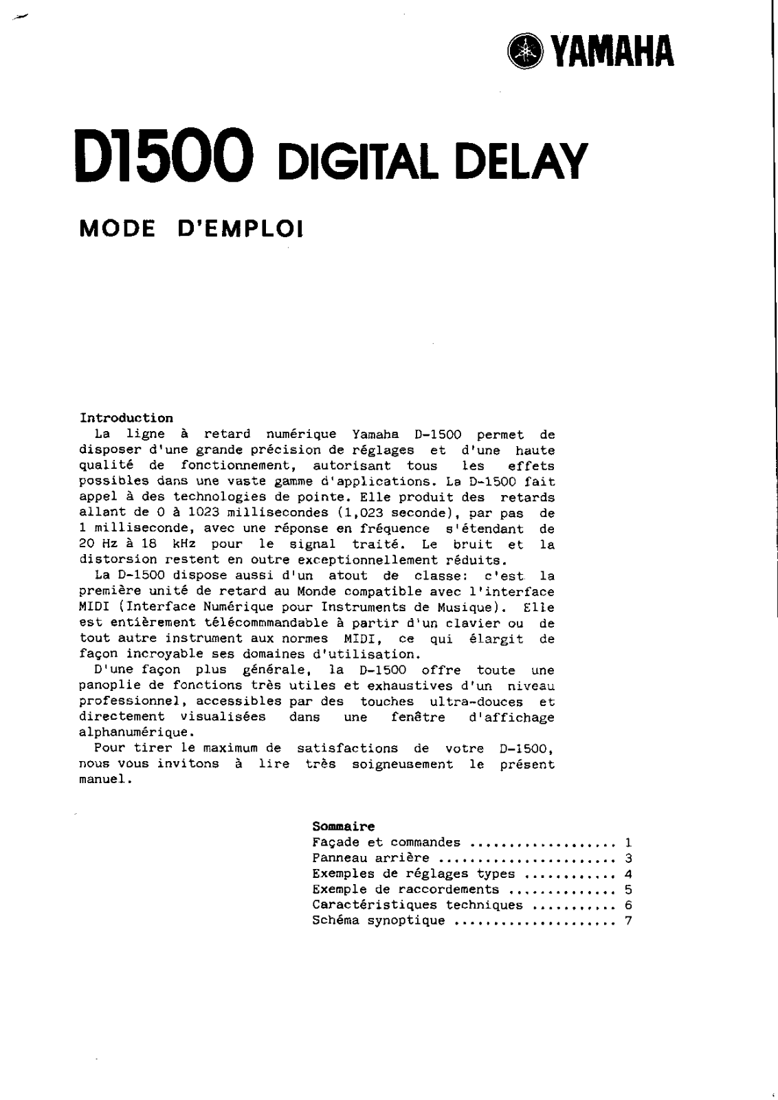 Yamaha D1500 Digital Delay Owner`s Manual
