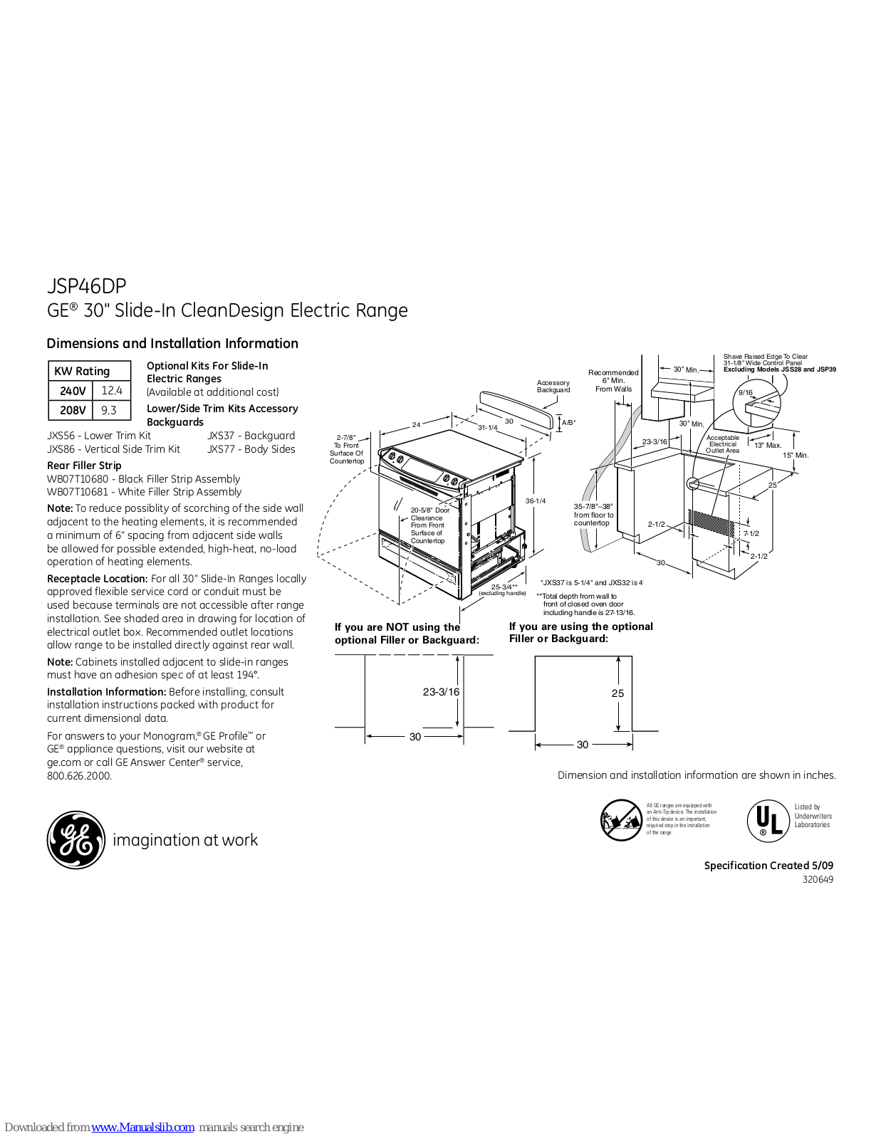 GE Profile JSP46DP, JSP46DPBB, JSP46DPWW Dimensions And Installation Information