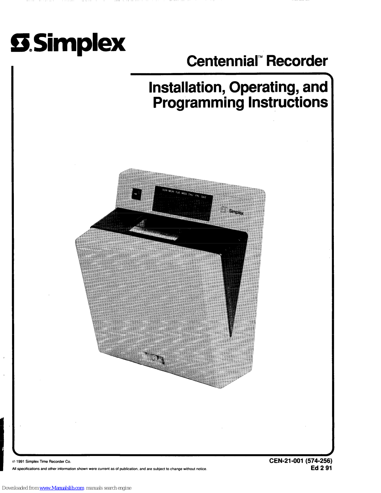 Simplex Centennial Recorder, Centennial Installation, Operating And Programming Instructions Manual