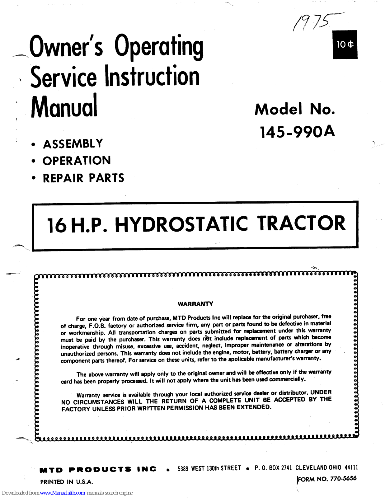 MTD 145-990A Owner's Operating Service Instruction Manual