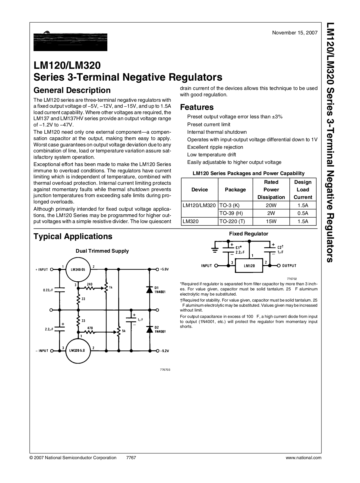 National Semiconductor LM120, LM320 Technical data