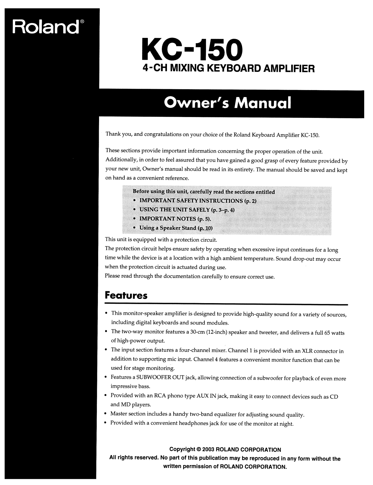 Roland Corporation KC-150 Owner's Manual