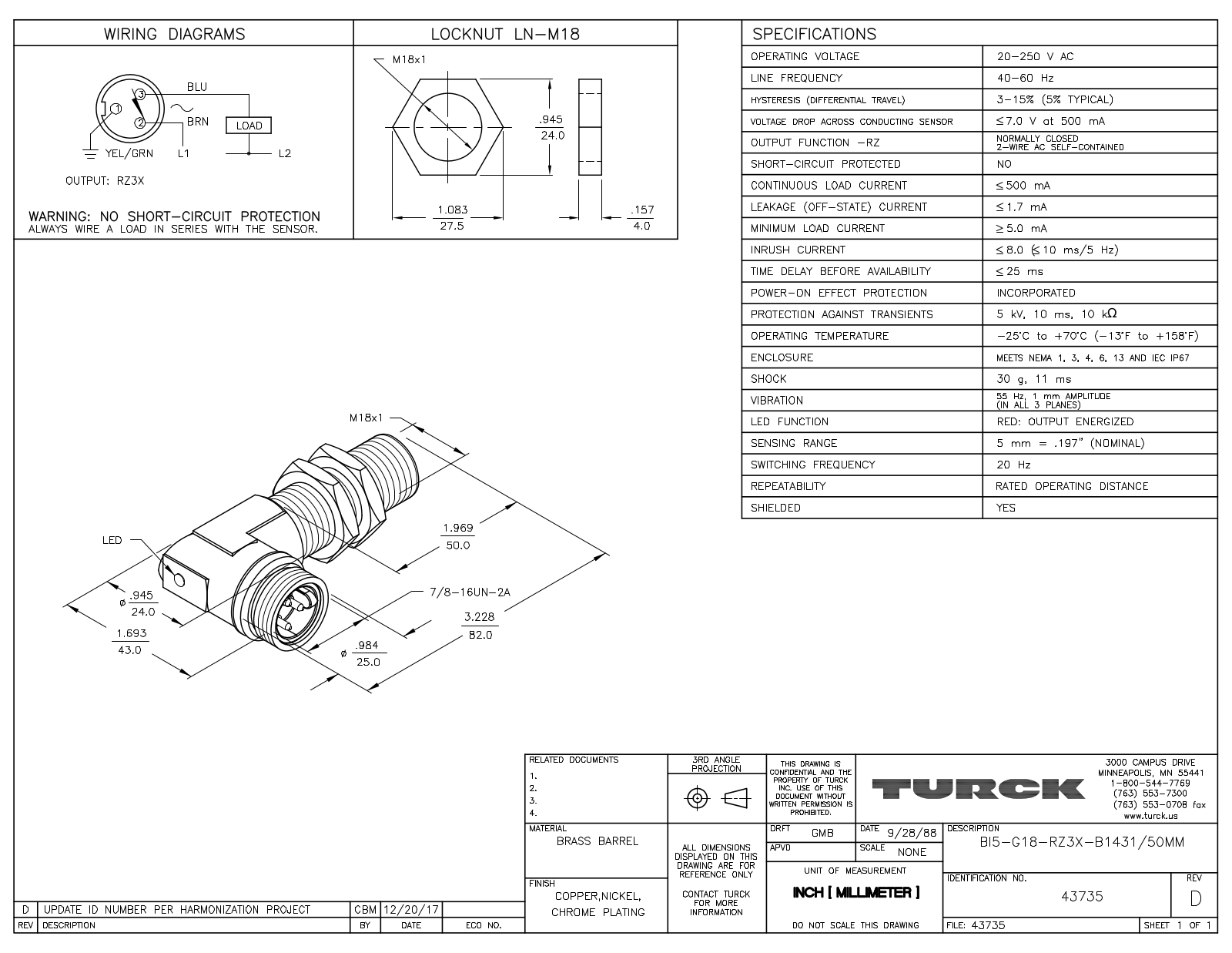 Turck BI5-G18-RZ3X-B1431/50MM Data Sheet