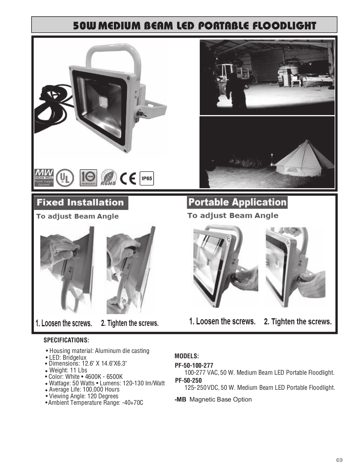 Maxi-Signal Products 50W MEDIUM BEAM LED PORTABLE FLOODLIGHT Catalog Page