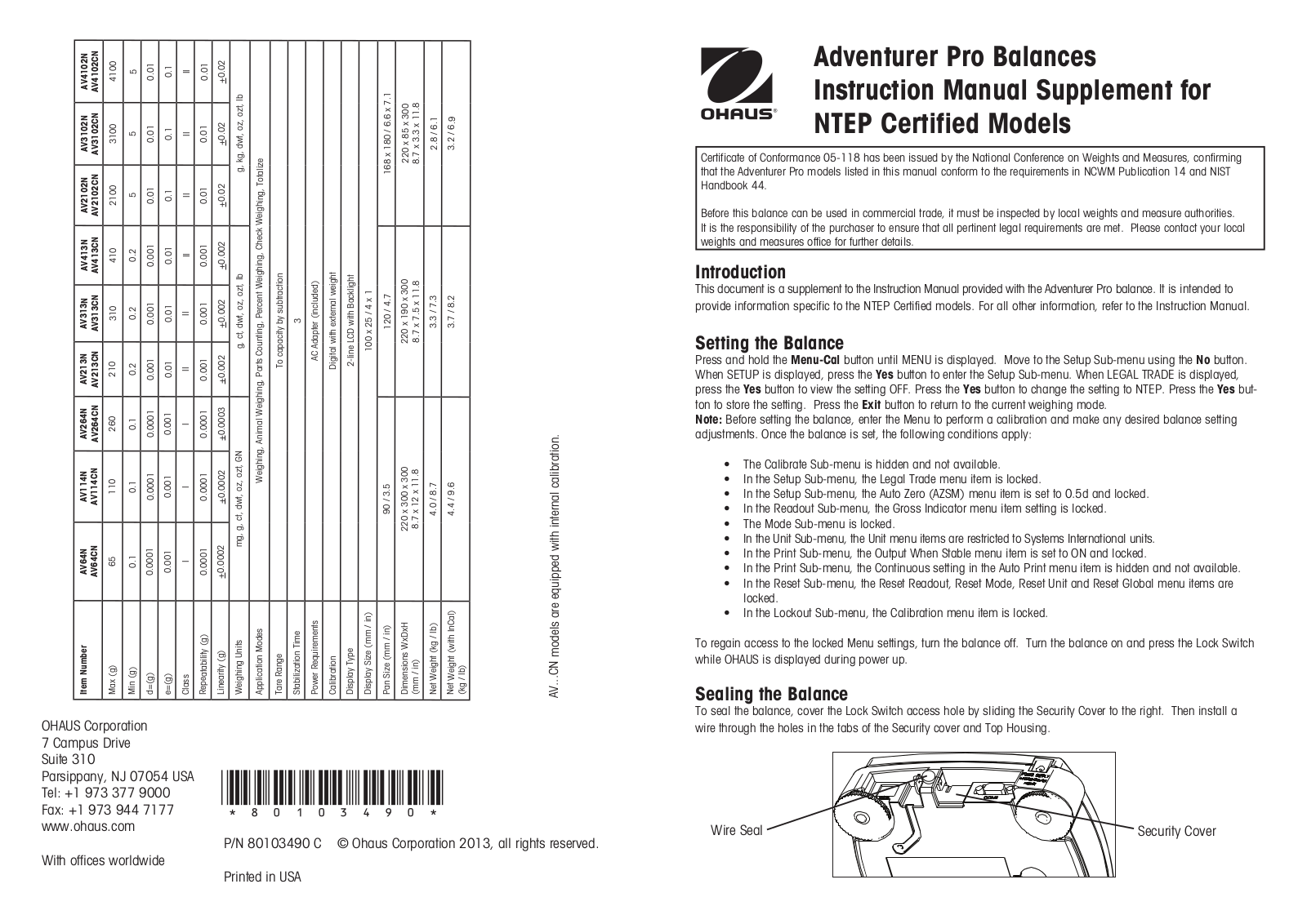 Ohaus ADVENTURER PRO PHARMACY BALANCES User Manual