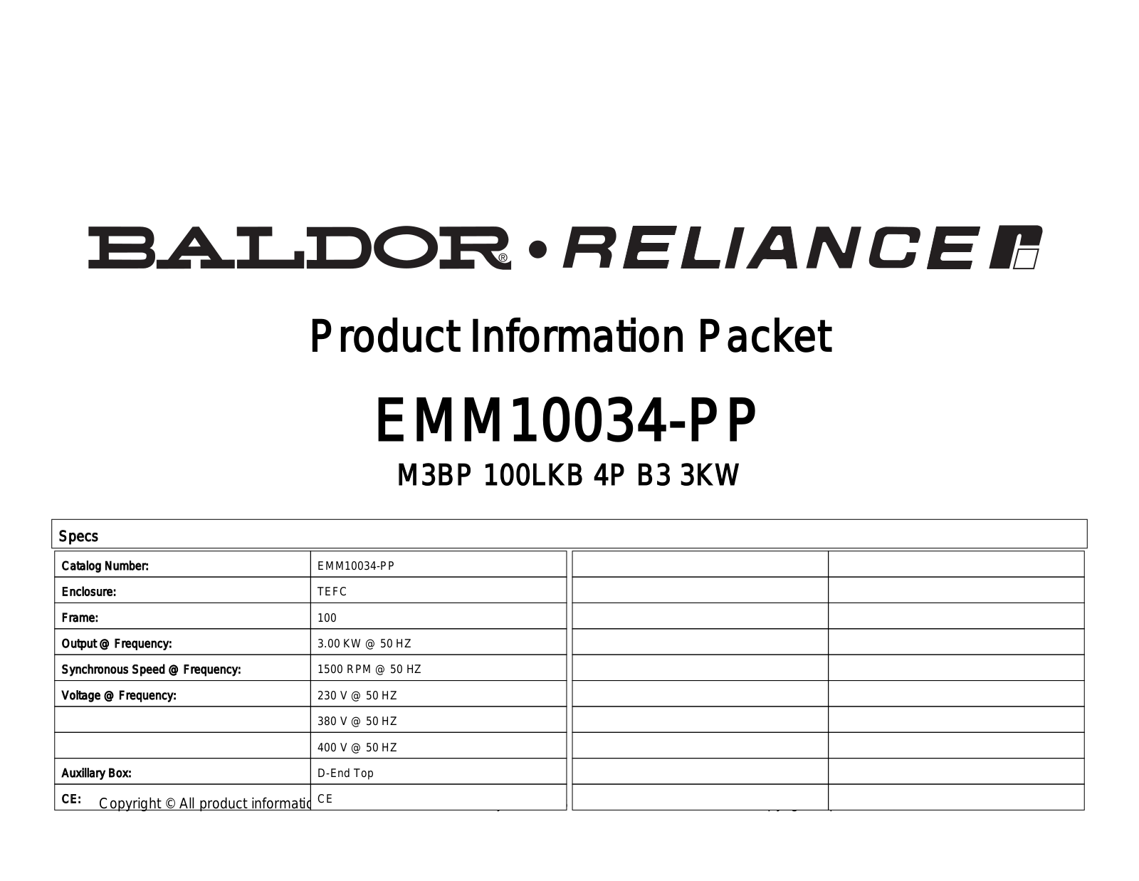 Baldor EMM10034-PP Product Information Packet