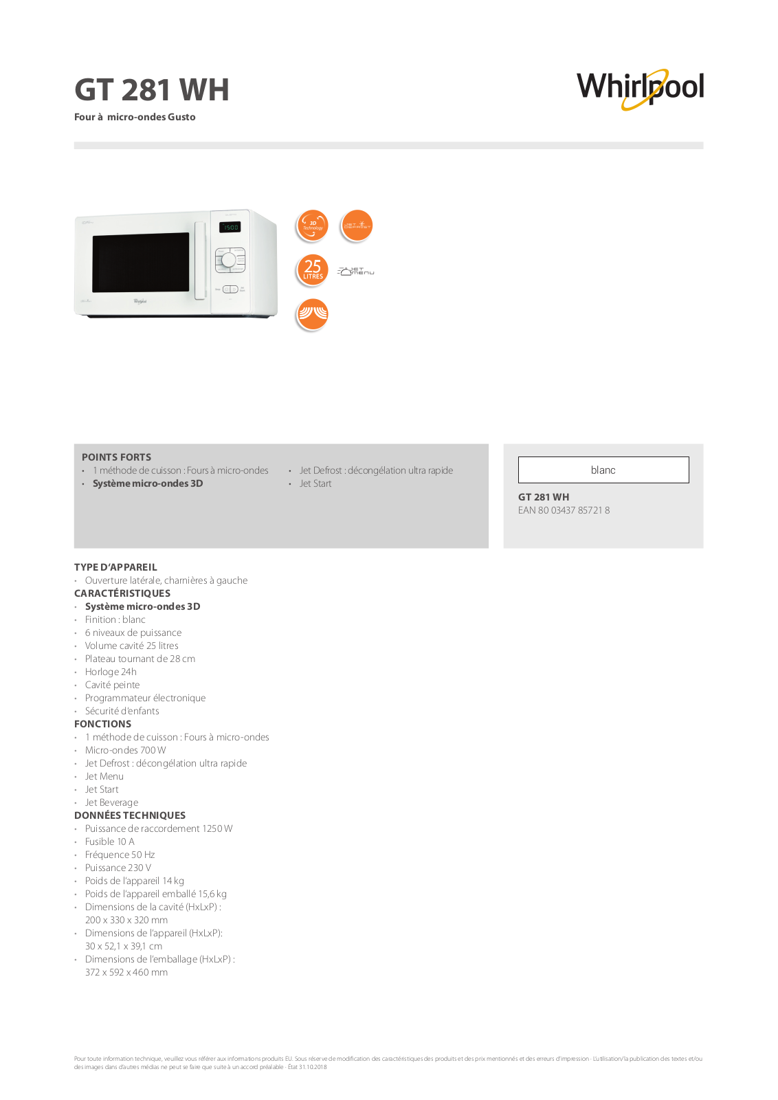 Whirlpool GT 281 WH Product information