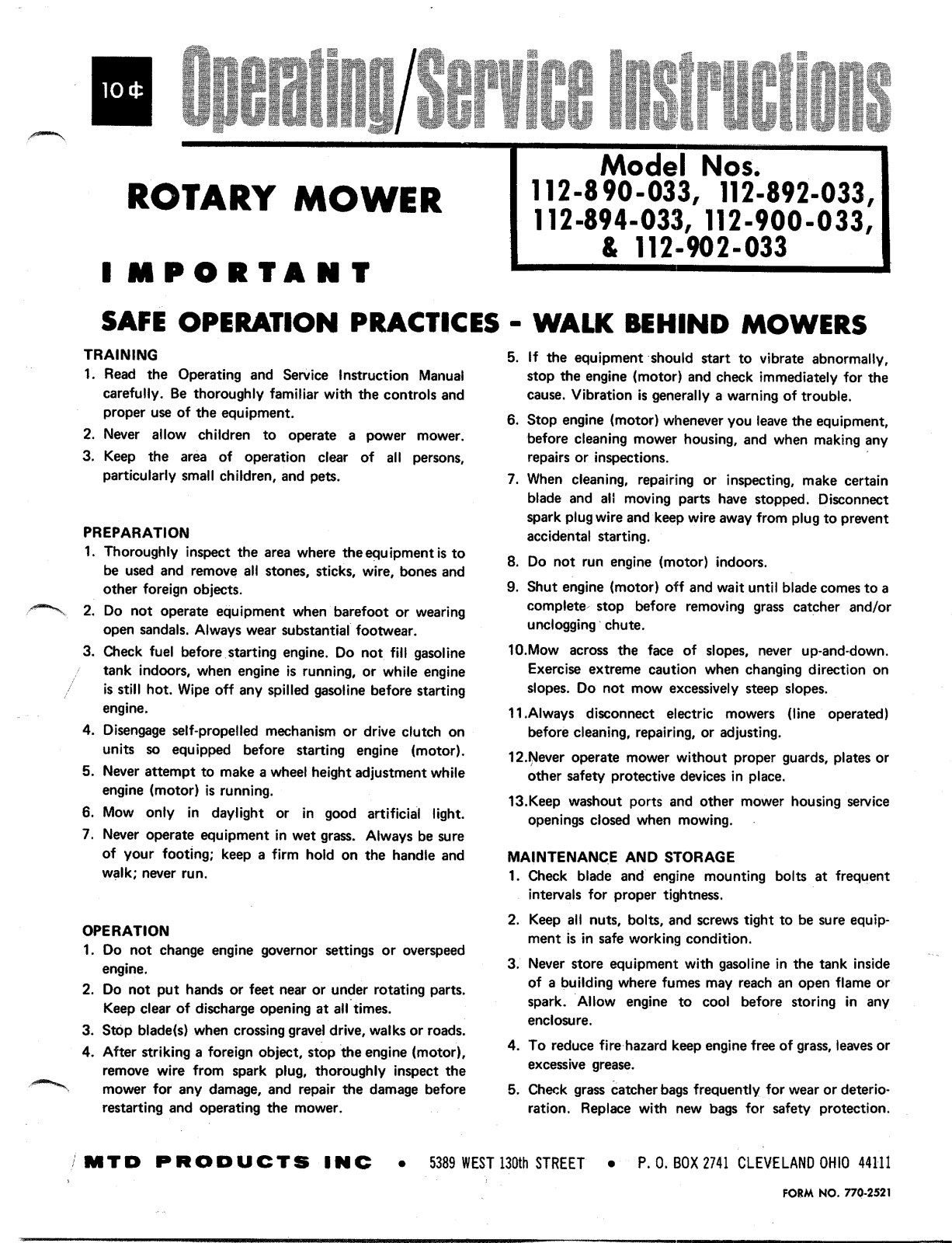 MTD 112-900-033, 112-902-033, 112-892-033, 112-890-033 User Manual