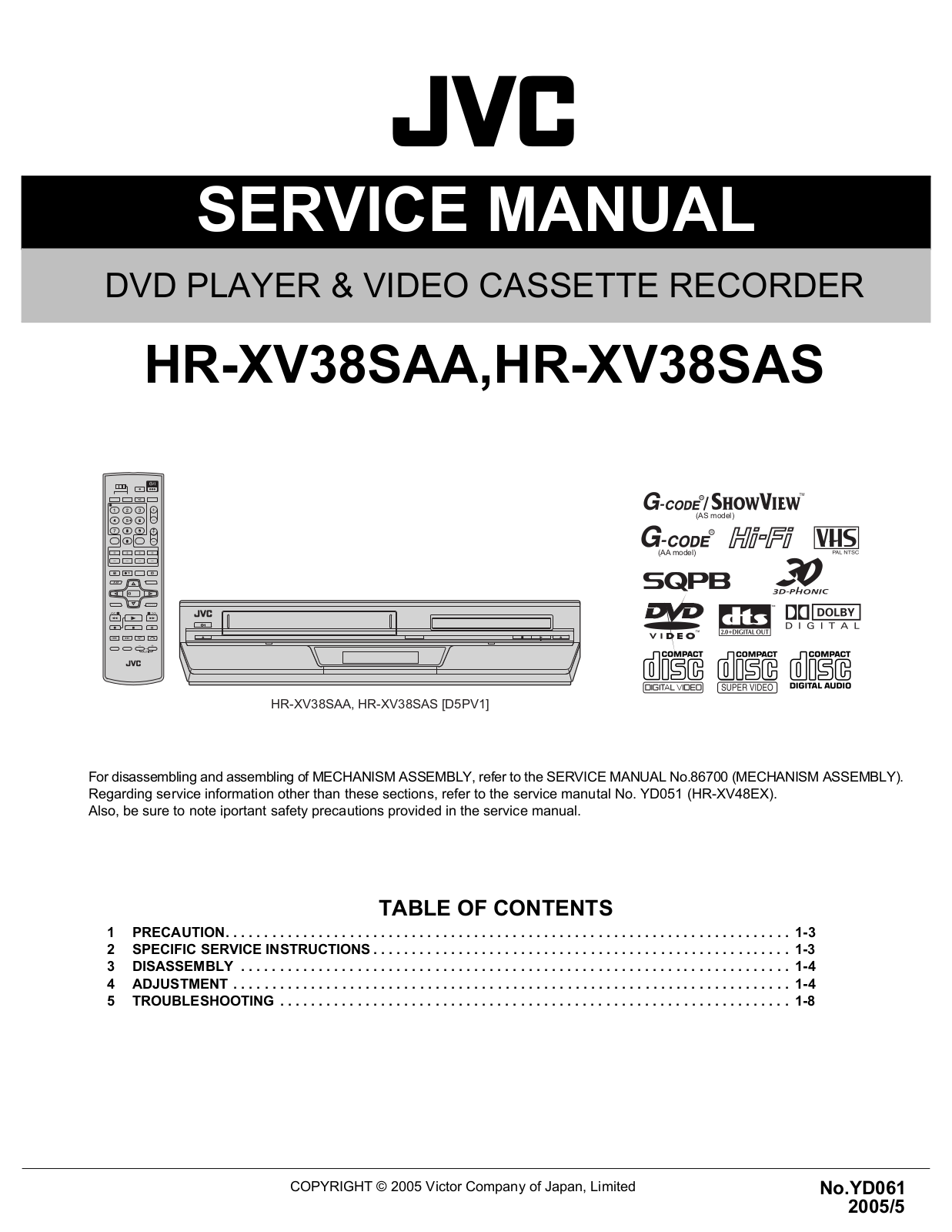 Jvc HR-XV38-SAS, HR-XV38-SAA Service Manual
