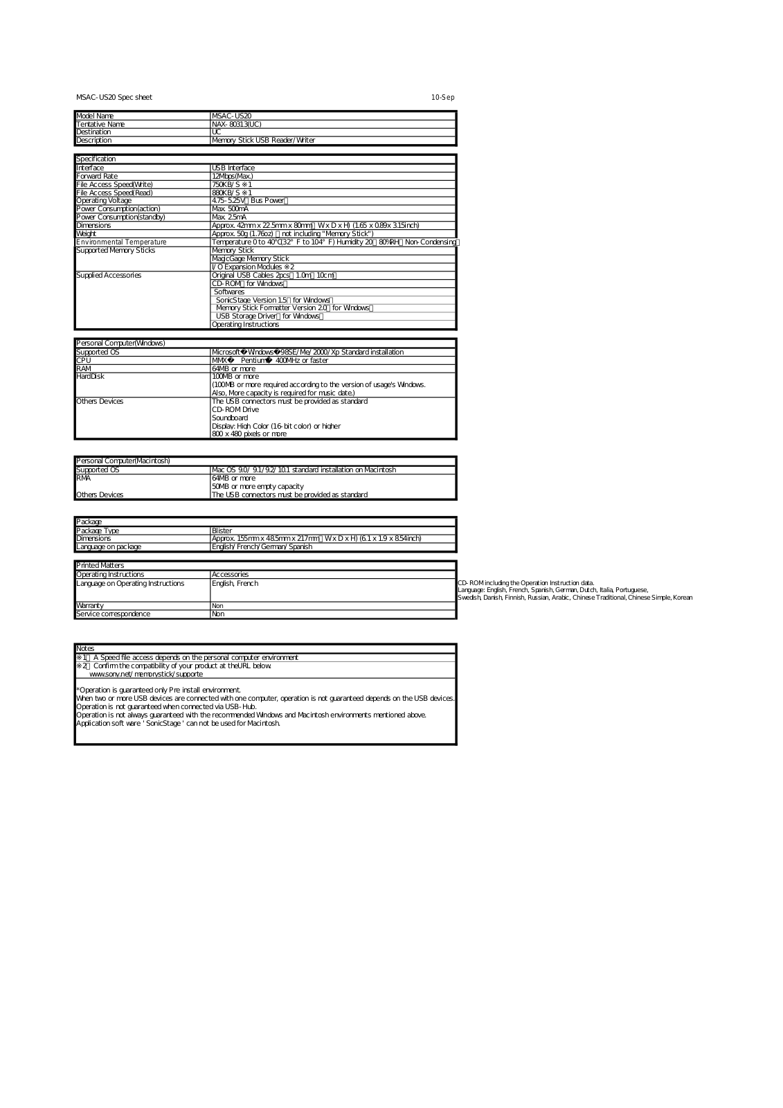 Sony MSAC-US20 Specifications  sheet