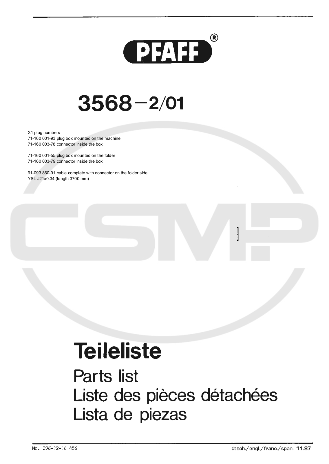 Pfaff 3568 Parts Book