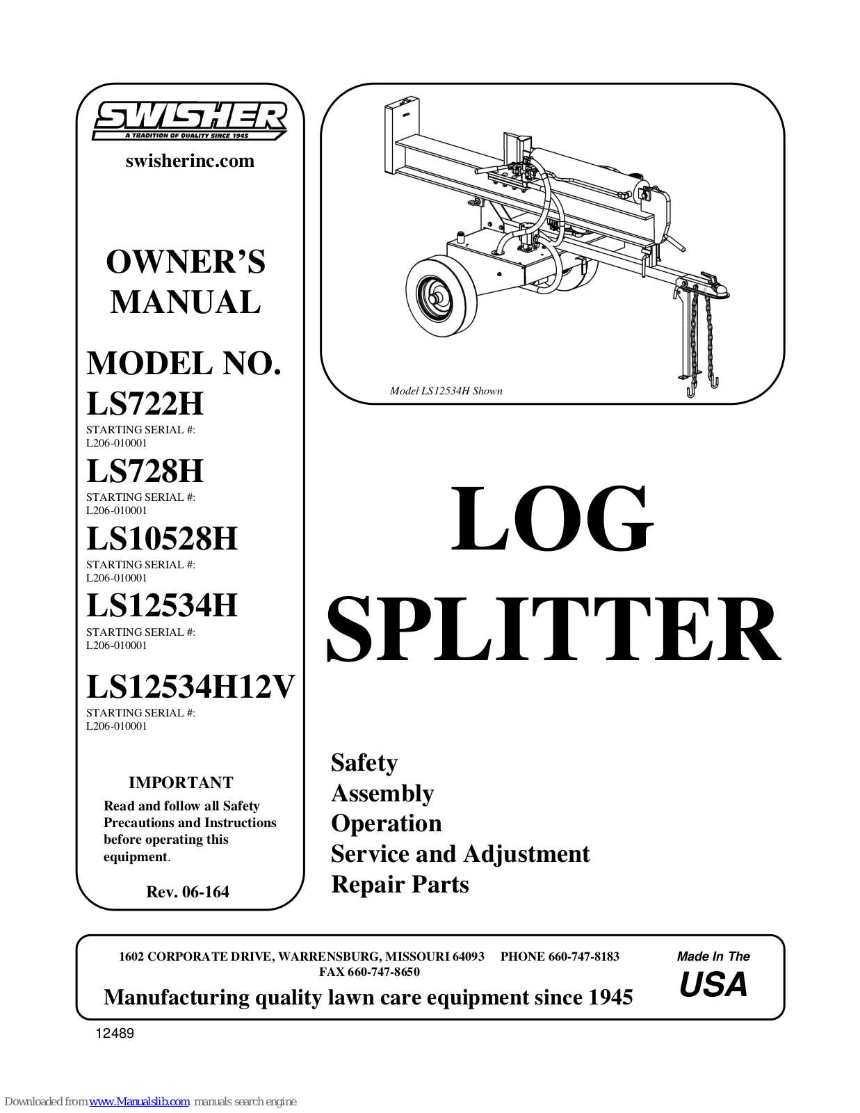 Swisher LS728H, LS12534H, LS12534H12V, LS722H Owner's Manual