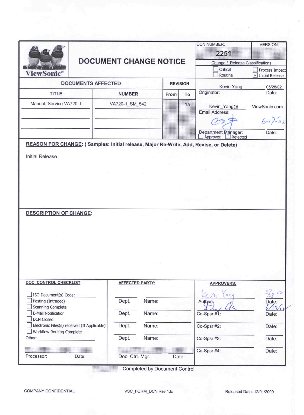 ViewSonic VA720-1,VLCDS23895-3W Service manual