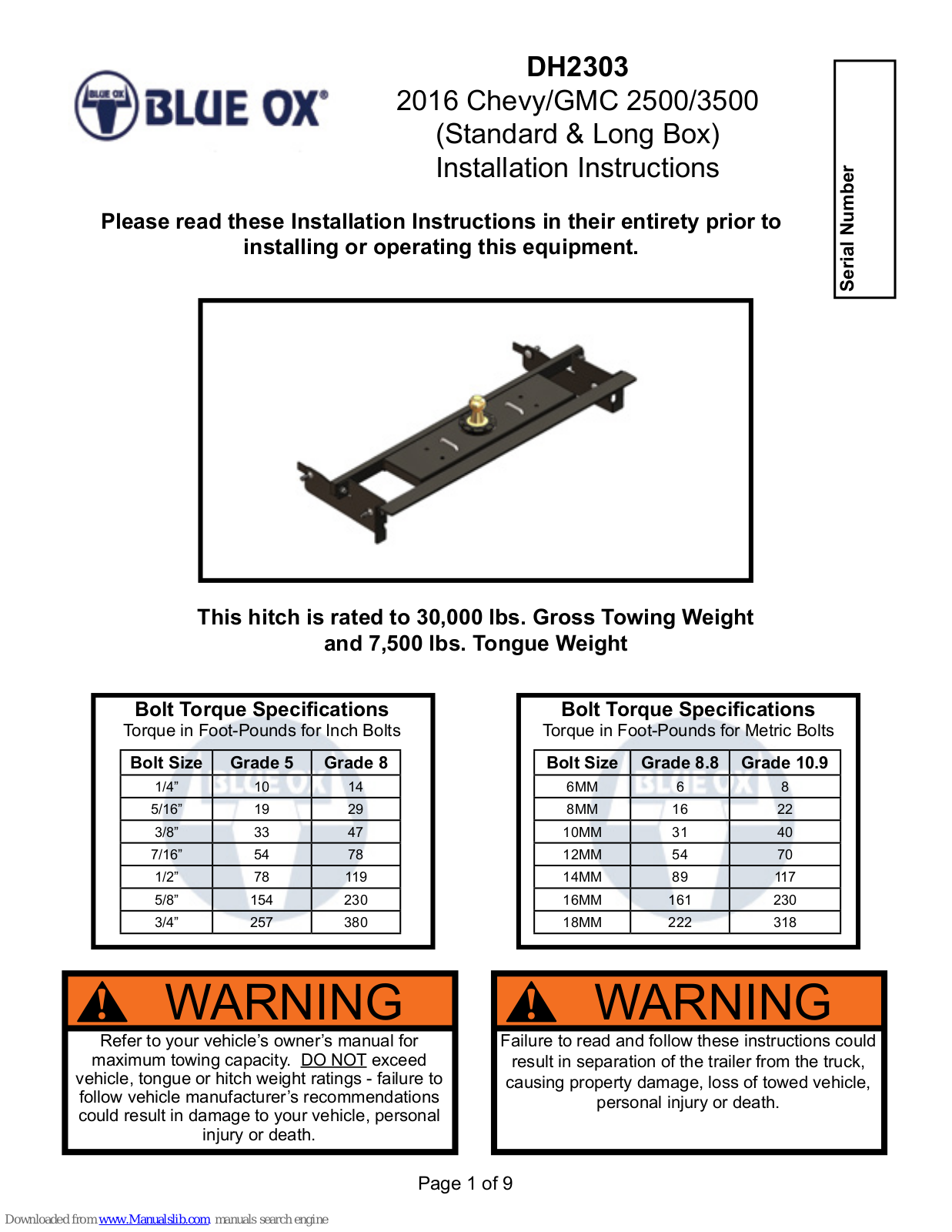 Blue Ox DH2303 Installation Instructions Manual