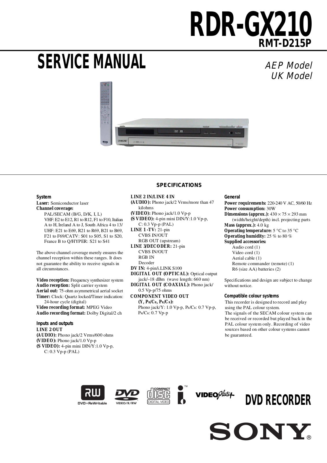 Sony RDRGX-210 Service manual