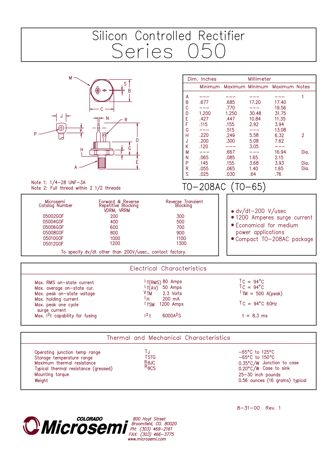 Microsemi Corporation 05012GOF, 05010GOF, 05006GOF, 05004GOF, 05002GOF Datasheet