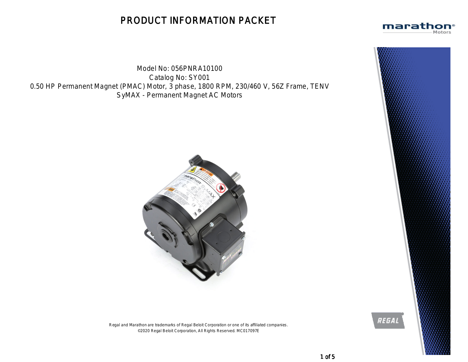 Marathon Electric 056PNRA10100 Product Information Packet