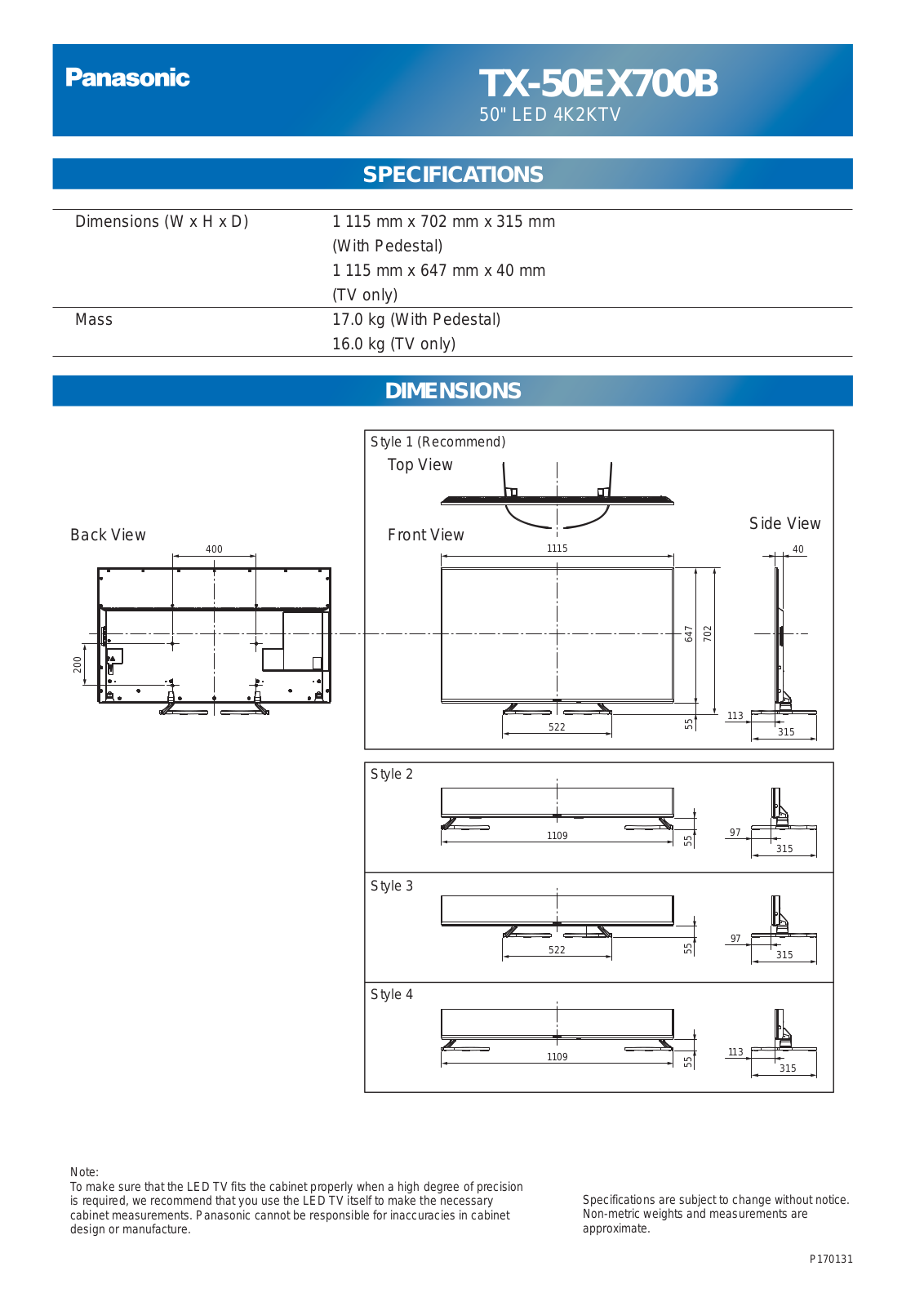 Panasonic TX-50EX700B Instruction manual