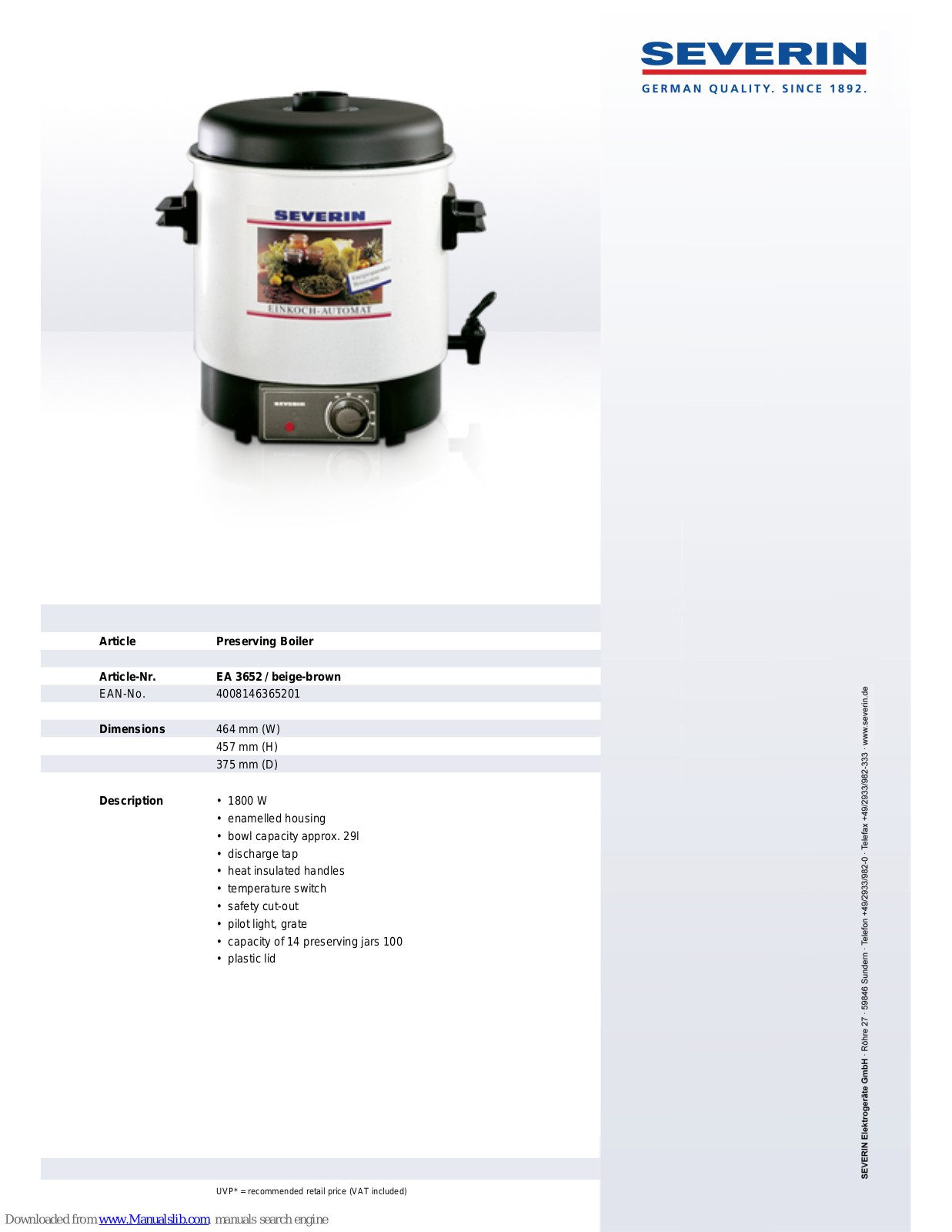 SEVERIN EA 3652, PRESERVING BOILER - DATASHEET 2 Dimensions