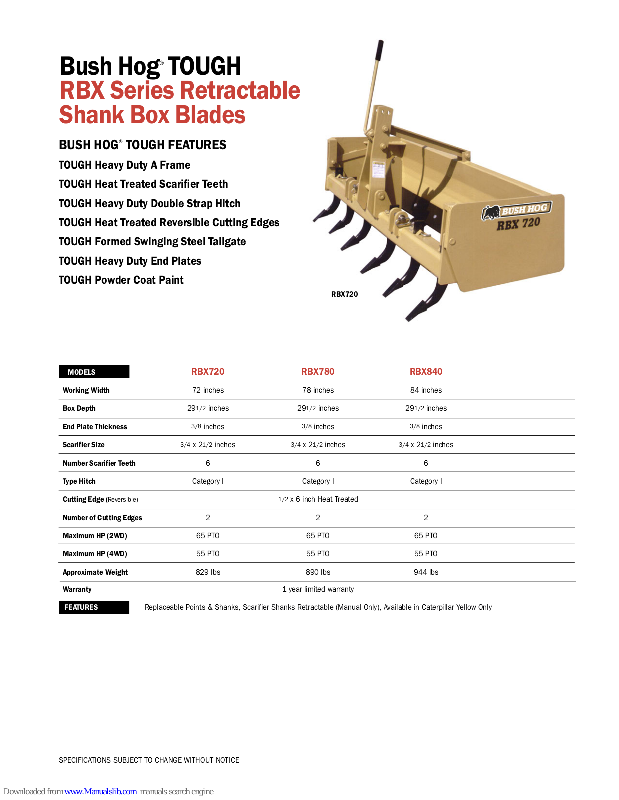 Bush Hog Retractable Shank Box Blades RBX, TOUGH RBX720, TOUGH RBX780, TOUGH RBX840 Specifications