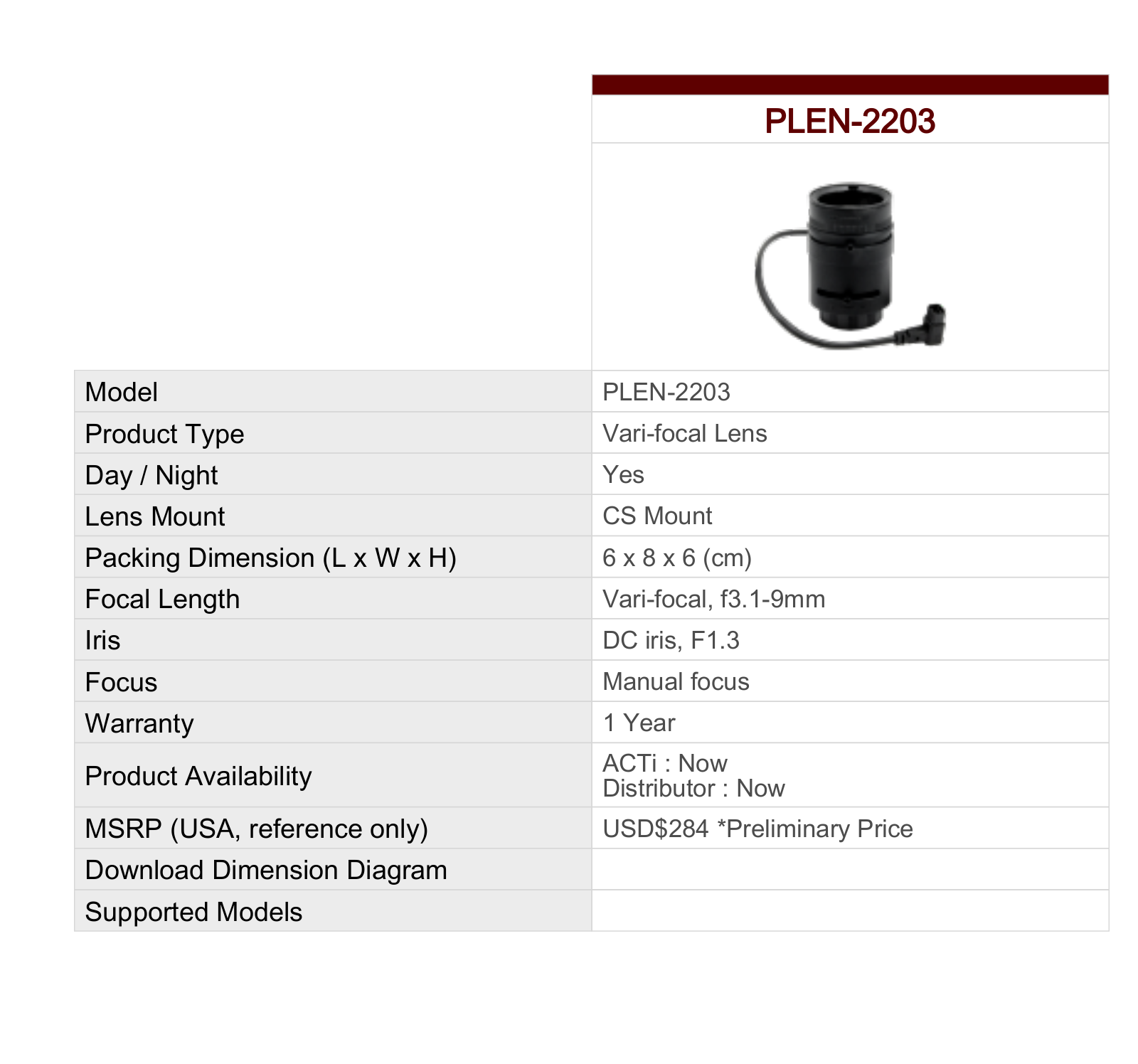 ACTi PLEN-2203 Specsheet