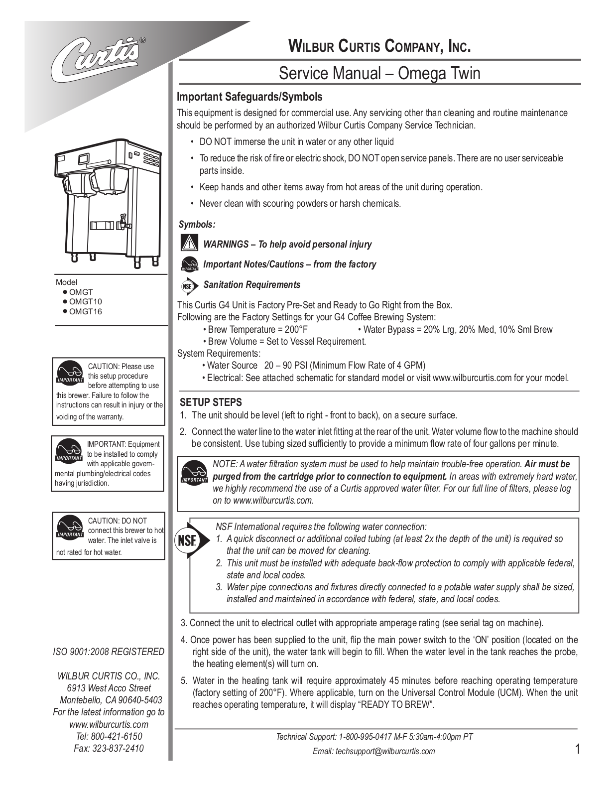 Wilbur Curtis OMGT16 User Manual