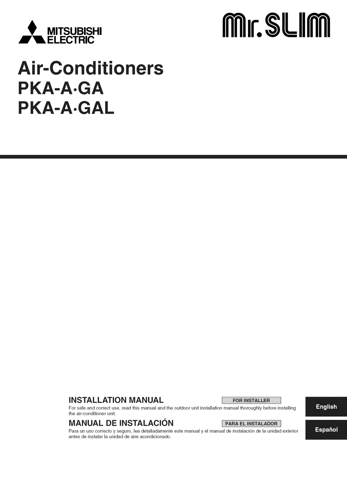Mitsubishi PKA-A12GA, PKA-A12GAL, PKA-A18GA, PKA-A18GAL Installation Guide