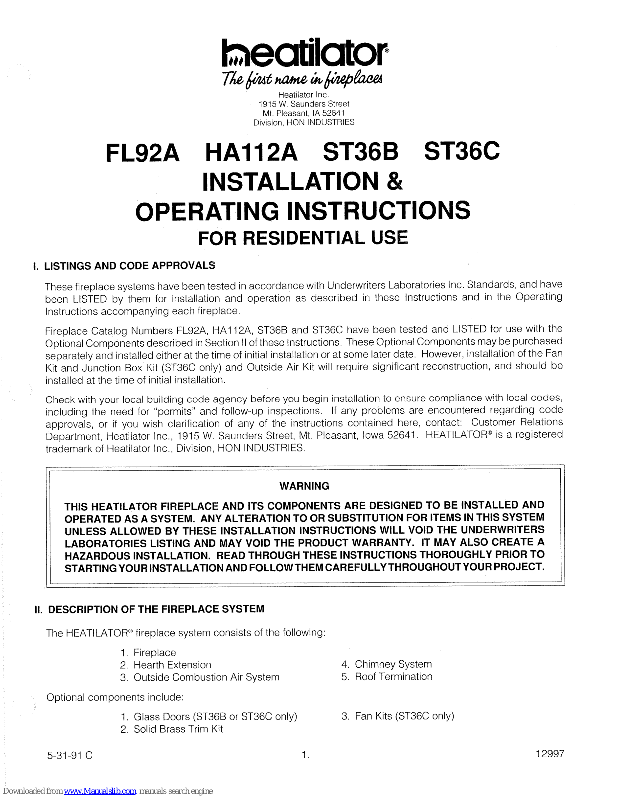 Heatilator FL92A, HA112A, ST36B, ST36C Installation & Operating Instructions Manual