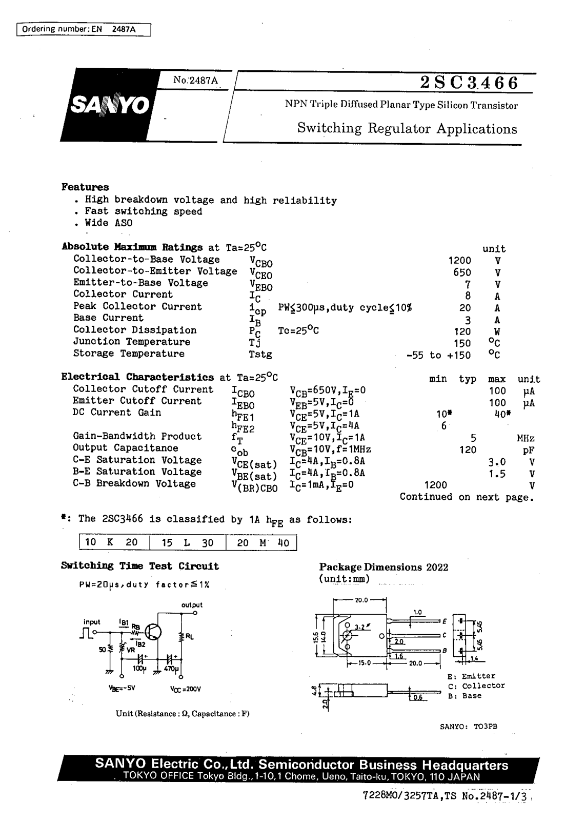 SANYO 2SC3466 Datasheet