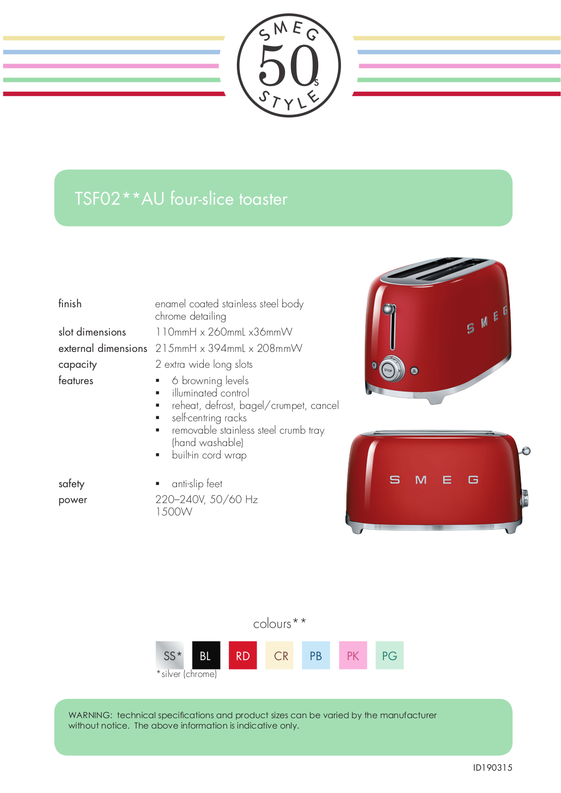 Smeg TSF02BLAU, TSF02SSAU, TSF02CRAU, KLF03CRAUTSF02CRAU, KLF04CRAUTSF02CRAU Specifications Sheet