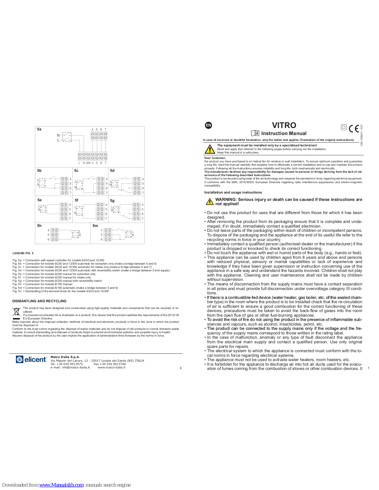 Elicent VITRO 9/230, VITRO 12/300, VITRO 6/150 Instruction Manual