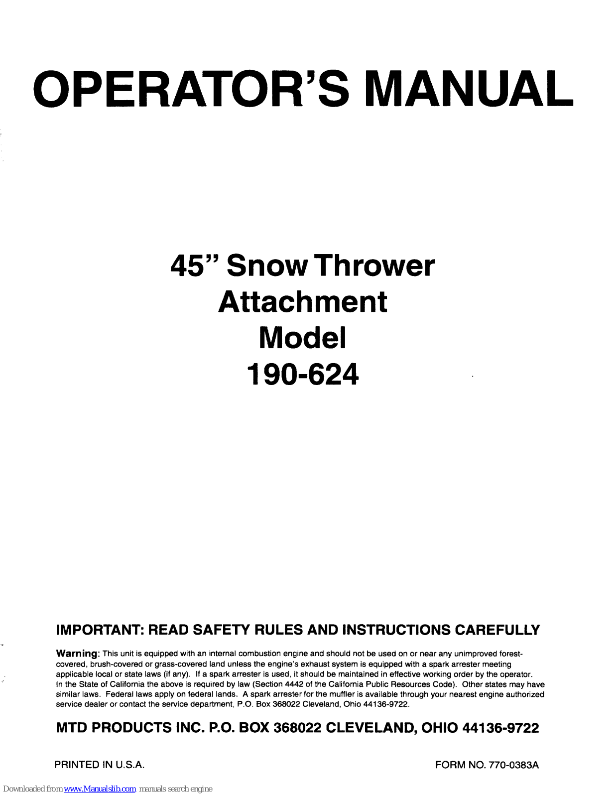 MTD 190-624 Operator's Manual