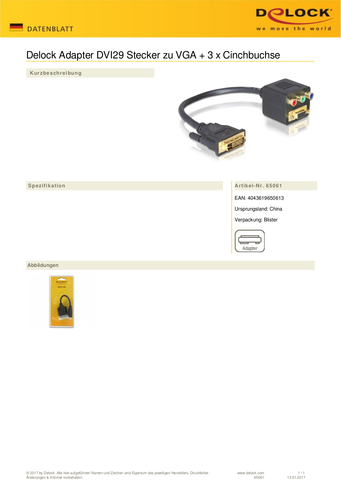 DeLOCK DVI to VGA adapter with 3x cinch User Manual