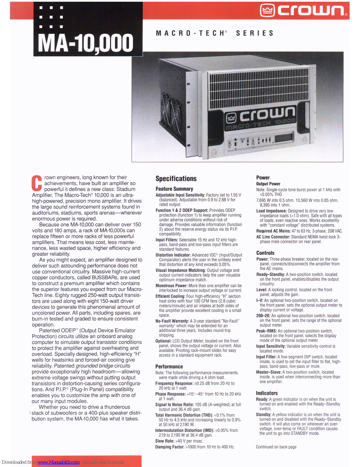 Crown MA-10, MA-10000, Macro-Tech 10000 Specification Sheet