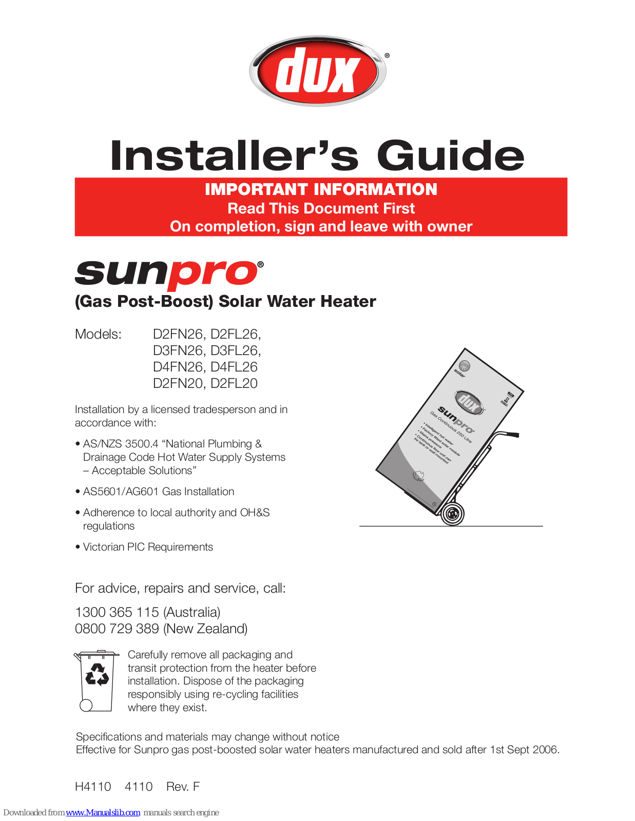 SUNPRO D2FN26, D2FL26, D3FN26, D3FL26, D4FN26 Installer's Manual