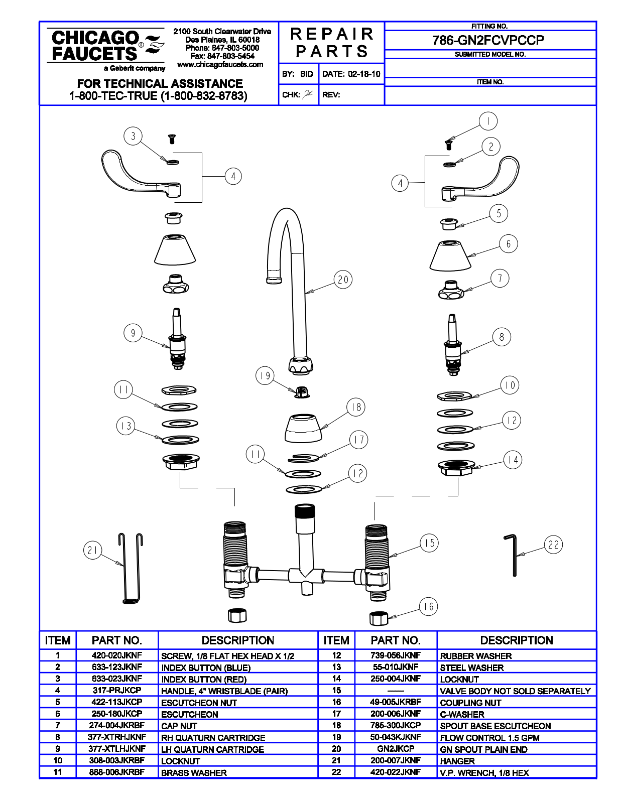 Chicago Faucet 786-GN2FCVPCCP Parts List