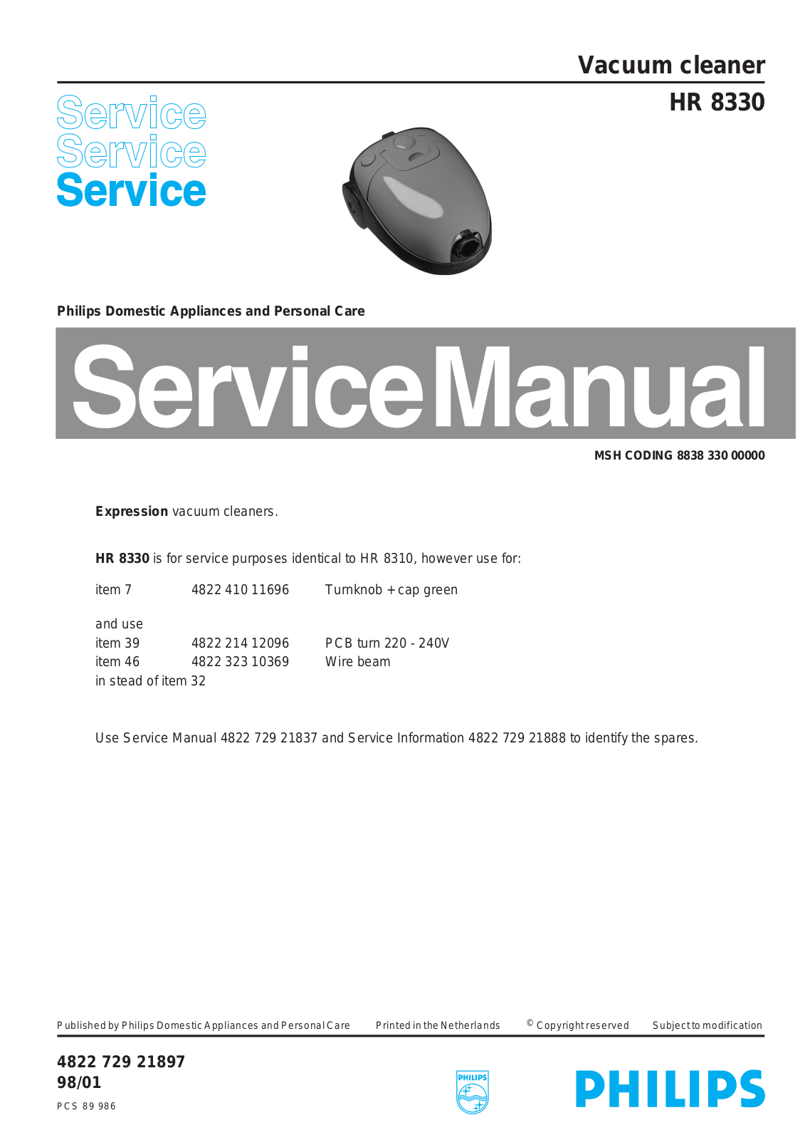 Philips HR 8330 Service Manual