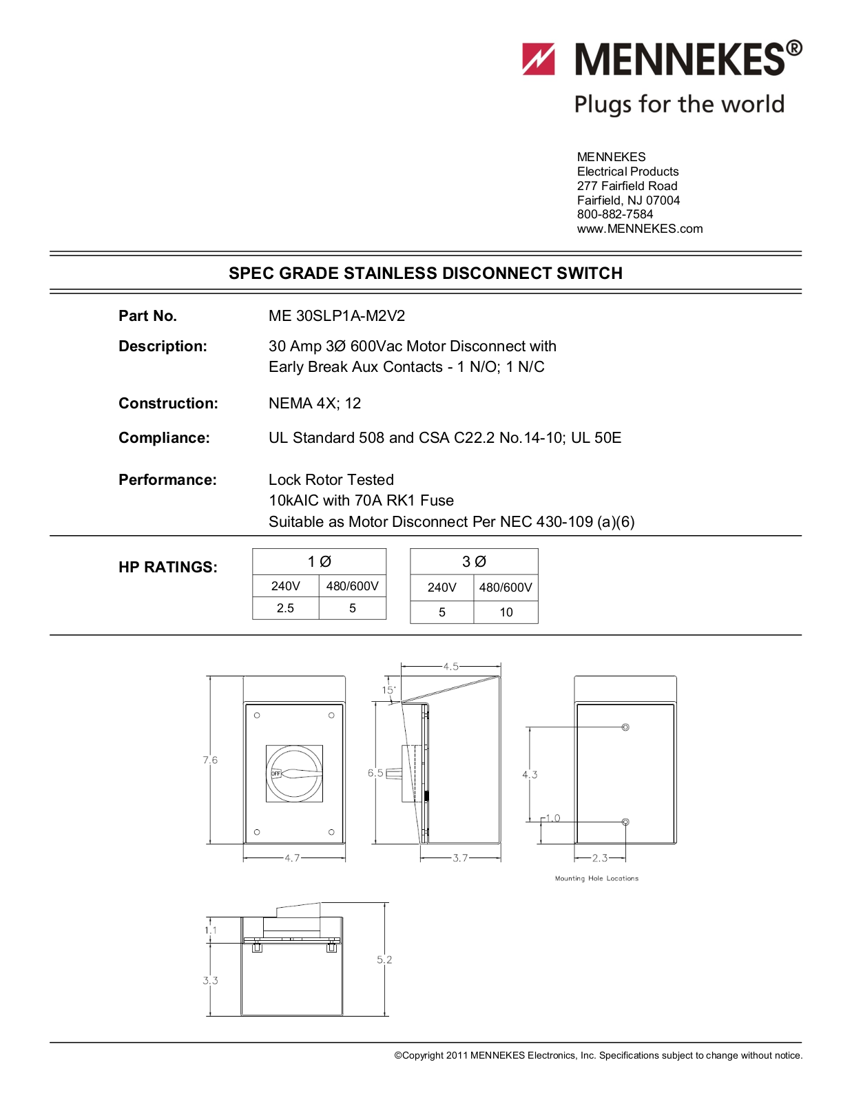 Mennekes Electrical Products ME30SLP1A-M2V2 Data sheet