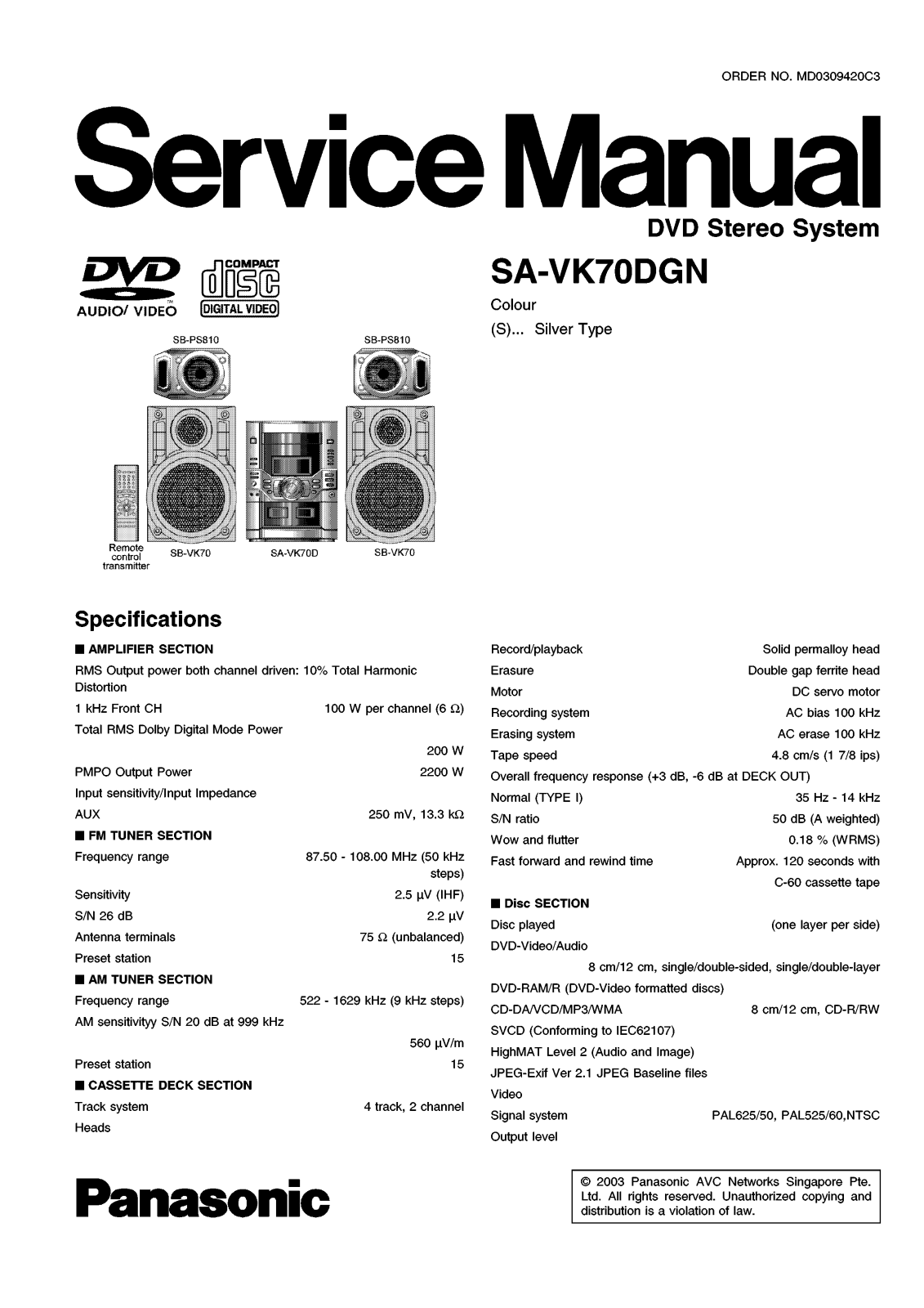 Panasonic SA-VK70D Schematic