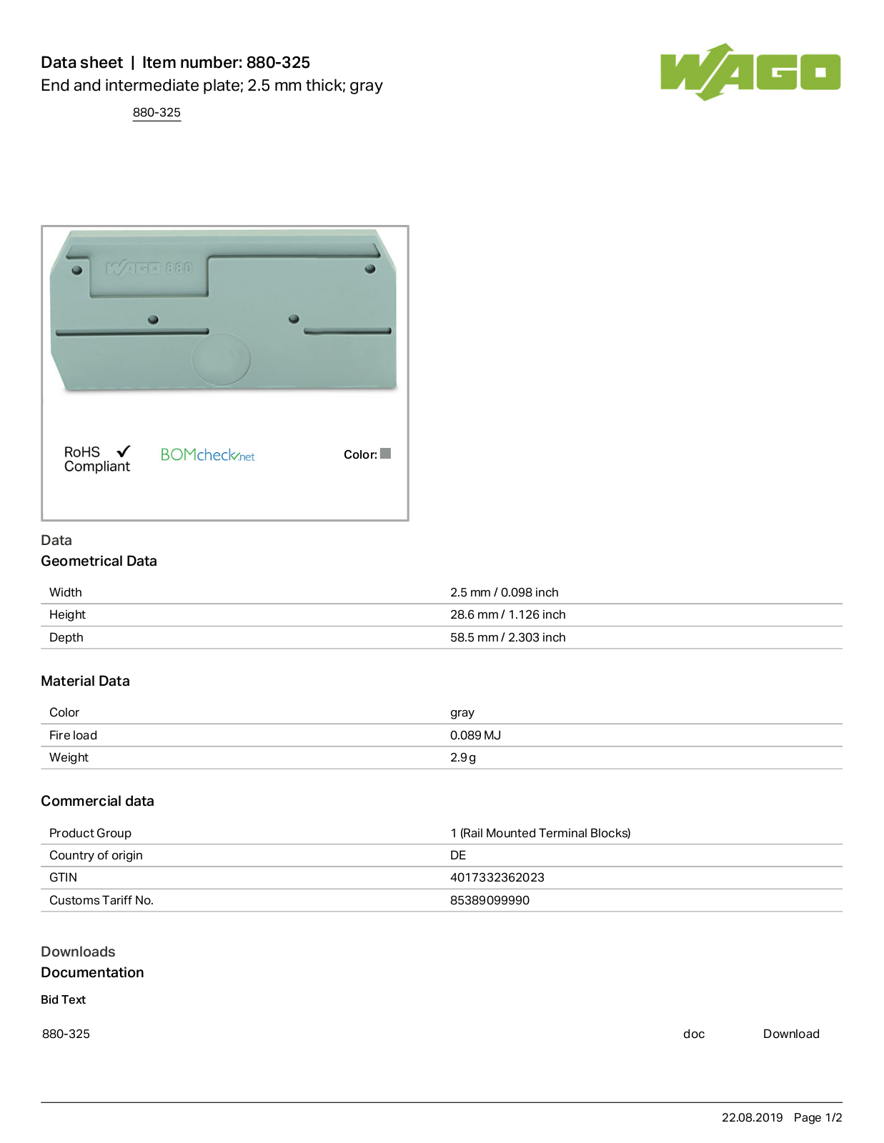 Wago 880-325 Data Sheet